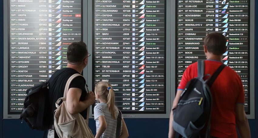 MOSCOW, RUSSIA  JUNE 22, 2019: A flight information display at the Vnukovo International Airport. Russia's President Vladimir Putin has signed a decree temporarily banning passenger flights to Georgia as of July 8, 2019, amid unrest in Georgia sparked by the visit of a Russian lawmaker. Vladimir Gerdo/TASS

Ðîññèÿ. Ìîñêâà. Òàáëî âûëåòà â àýðîïîðòó Âíóêîâî. Ïðåçèäåíò ÐÔ Â. Ïóòèí 21 èþíÿ 2019 ãîäà ïîäïèñàë óêàç, â ñîîòâåòñòâèè ñ êîòîðûì ñ 8 èþëÿ ââîäèòñÿ âðåìåííûé çàïðåò íà ïàññàæèðñêîå àâèàñîîáùåíèå ñ Ãðóçèåé. Âëàäèìèð Ãåðäî/ÒÀÑÑ