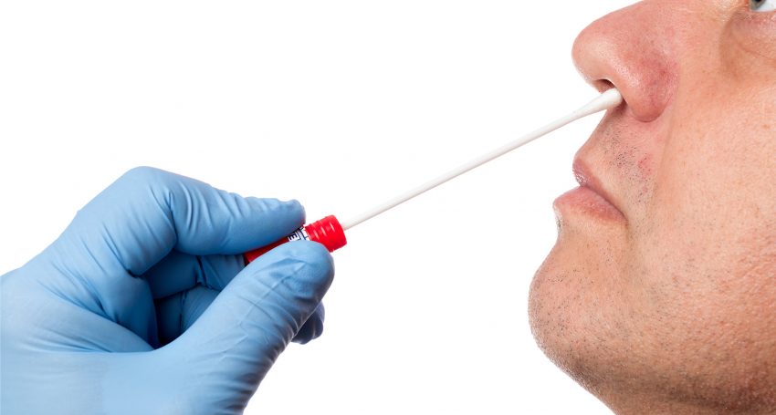 Doctor makes with a cotton swab a nasal swab